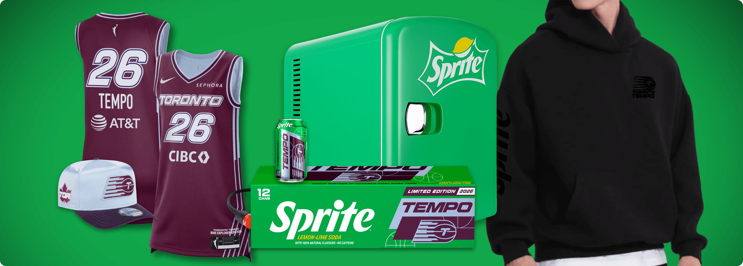 Each Sprite x Toronto Tempo swag bundle is packed with a jersey, hat, sweater, mini fridge, and a 12-pack of Sprite.